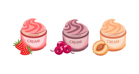 Fruit face cream bottles, vector set. Icons, illustrations