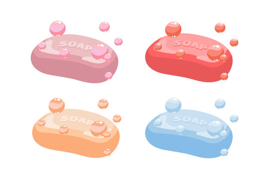 Pieces of fruity soap with soap bubbles, vector set. Icons, illustrations