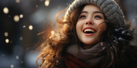 Happy attractive young asian woman enjoys snow and snowflakes at Christmas fair . Outside. Xmas...