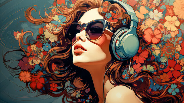 Graphic Illustration 1960s vintage retro hippie movement flower power music 1960s peace and love wallpaper background cover digital art poster