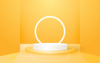 3d scene pastel yellow and white round podium background with circle neon lights perfect for event promotion cosmetic product presentation mockup