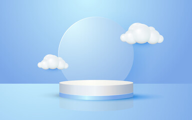 Product scene round podium with cloud pastel blue background for cosmetic product presentation mockup show