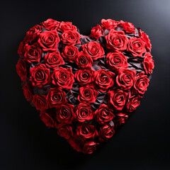 Heart made of red roses on black background. 
Valentines day background. Valentine's day concept.
