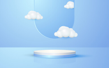 Round podium product scene and window sky cloud with pastel blue background for cosmetic product presentation mockup show