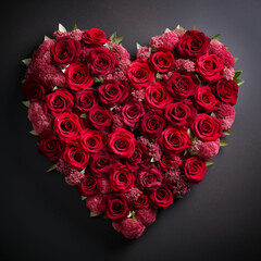 Heart made of red roses on black background. 
Valentines day background. Valentine's day concept.