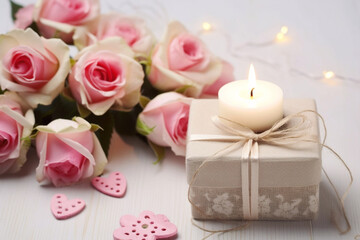 Gift box, pink roses decor, and lit candle, greeting card