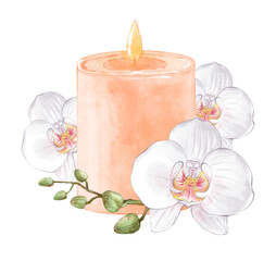 Aromatherapy, composition with white orchid flowers and peach-colored candles. Concept healthy lifestyle, skin care, spa treatments. Hand drawn illustration isolated on white background