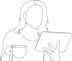 joven trabajando en su casa, mujer tomando café y leyendo en su cuaderno. en línea. Vector sin fondo, fondo transparente	 - obrazy, fototapety, plakaty