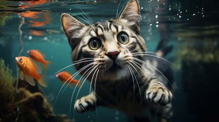 wet scared cat in the water with fish - obrazy, fototapety, plakaty