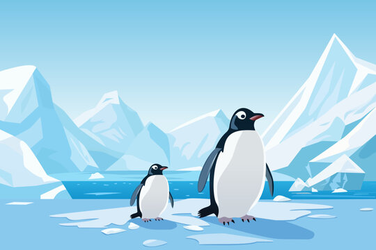 Penguins on an iceberg. Cute penguins against the backdrop of a beautiful landscape of large glaciers, icebergs and water. Vector illustration for postcard, poster, cover or design.