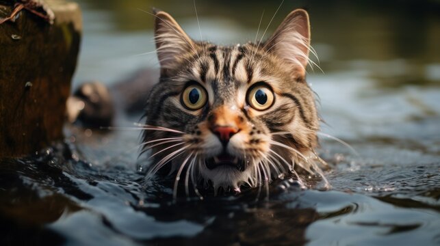 wet scared cat in the water with fish