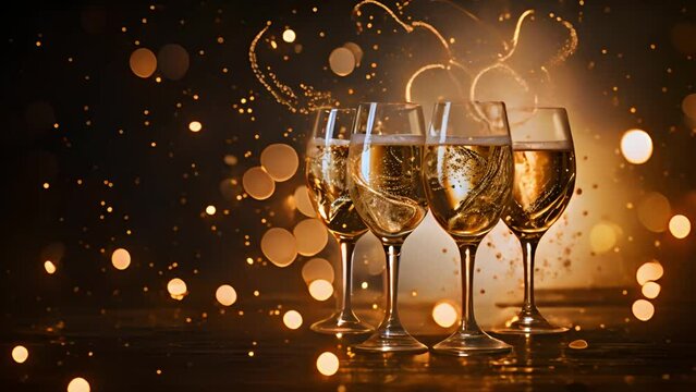 Champagne for festive cheers with gold sparkling bokeh background. Glasses of sparkling wine in front of tender bright gold bokeh. Horizontal background for celebrations and invitation cards space spa