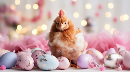 pink chicken among colored easter eggs, easter concept