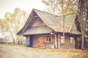 Wooden house with logs, autumn landscape with trees and yellow and orange leaves on the ground and roof of the house