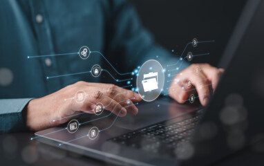 Folder Document Management System DMS. Open cloud folders with blank documents on computer. Data...