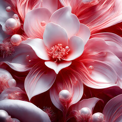 Abstract background with pink flowers, a pink flower with white petals and pearls HD wallpaper