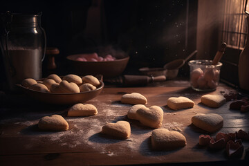Baking homemade heart-shaped cookies in the kitchen