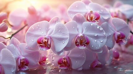 Pink orchid flowers with water drops on a sunny background