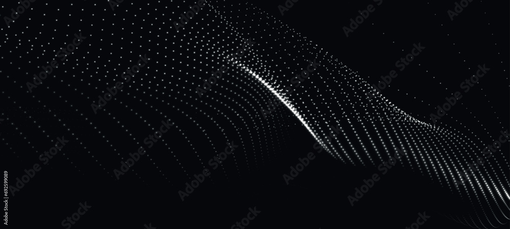 Poster wave of particles. futuristic pattern of dots on a black background. big data digital code. technolo