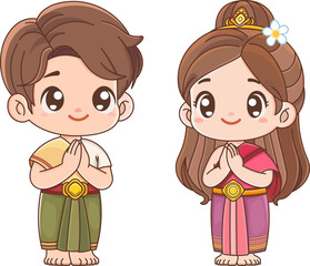 Cute boys and girls dressed in Thai clothes greet "Sawasdee" Thai style by saying "Hello", Sawasdee greeting hello gesture asian culture is friendly, Vector illustration