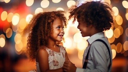Obraz na płótnie Canvas Little children boy and girl couple dancing on dance floor with bokeh disco lights background