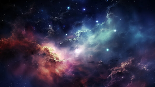 The polymorphic nebula is a fantastic sight in the colorful cosmos with copy space. Universe beauty concept. AI generated.