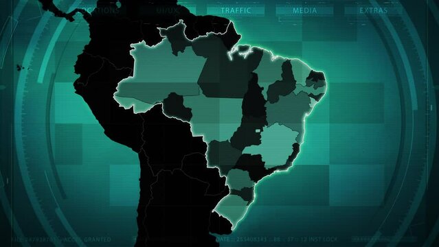 
World map zooming in to Brazil Map with States, Routes and Airports. 