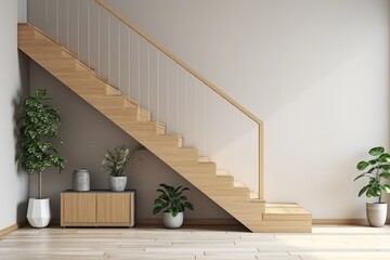 Luxury contemporary interior design with sleek wooden stairs - obrazy, fototapety, plakaty