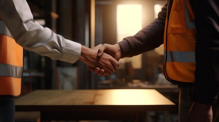 Shake hands with a woman or a construction worker who is a business partner or who works in engineering in an office.