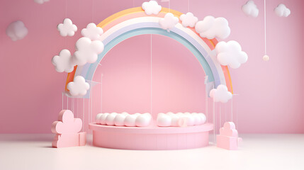 marshmallow pink pastel product podium or display rainbow girly girl advertising cloud layer set theatre vibe cutout twist sweet tooth makeup cosmetic teenager star model hanging. Generative Ai