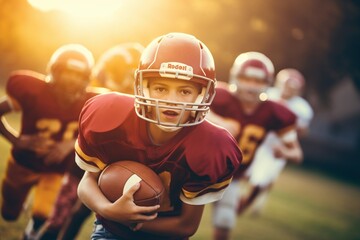 Tiny Teammates: Kids Concept of Little Boys and Girls Playing Youth Tackle Football - obrazy, fototapety, plakaty