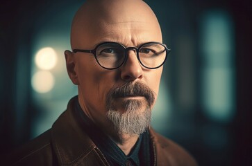 Caucasian bearded male Scandinavian bald. Mature aged man portrait with eyewear. Generate ai
