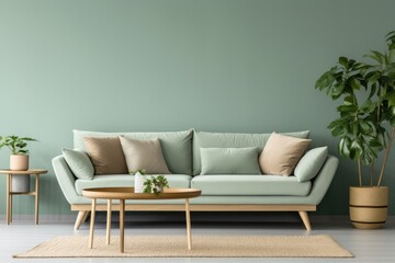 Interior of modern living room with houseplants, sofa and green wall background