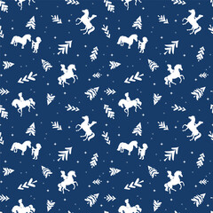 Vector seamless Christmas and New Year`s pattern, winter horseback riding, wrap for gifts.