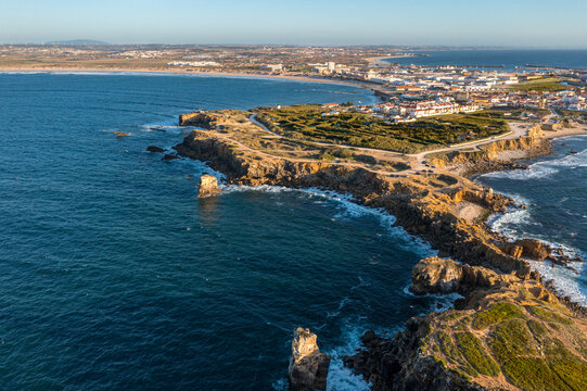 Aerial view of rocky ocean coast of peninsula of Peniche, Portugal at
