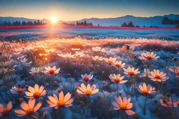 A frost-covered cosmos flower field, with the first rays of the morning sun melting the frost and  the vivid colors beneath, against a crisp, clear blue sky, captured with a nostalgic vintage filter.