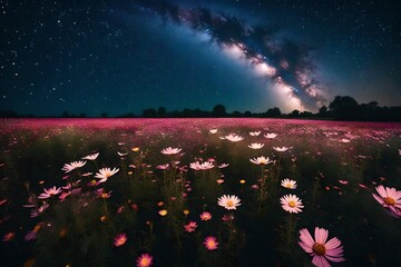 A starry night sky over a cosmos flower field, where the galaxy's colors reflect subtly on the petals and leaves, creating an otherworldly landscape in a high-definition vintage style.