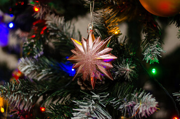Christmas decorations on a Christmas tree. New Year.