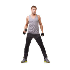 Fitness, white background or bodybuilder with dumbbells training, exercise or workout for wellness. Mockup space, strong man or healthy athlete weightlifting for biceps muscle or power in studio
