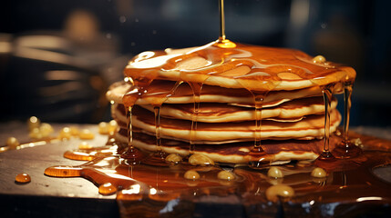 Fototapeta na wymiar An editorial shot of a pancakes covered in syrup on a table. 