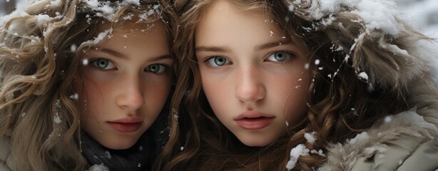 two young sisters laying on snow outdoor at winter day