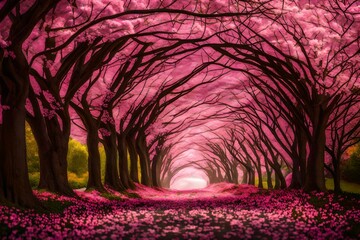 A serene tunnel of pink flower trees in full bloom, creating a breathtaking natural archway.