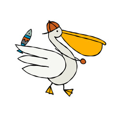 Funny pelican character with fish isolated on white for your design