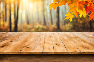 Naklejka na ściany i meble Empty wooden table with space for promotional products, Orange fall leaves over wooden desk. Ai Generated 