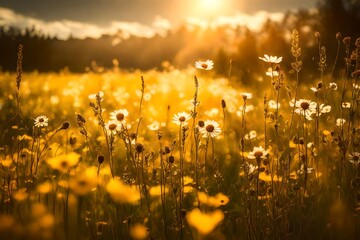 A vibrant meadow under the golden sun, wildflowers swaying in the breeze.