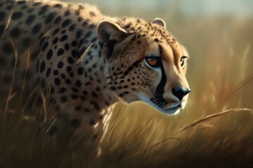 Cheetah portrait stalking savannah. African fauna spotted feline cat hunting prey. Generate ai
