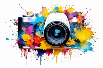 Retro camera illustration with paints, logo - Powered by Adobe