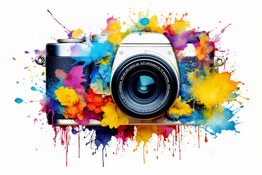 Retro camera illustration with paints, logo