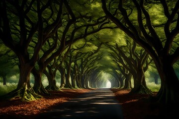 Close-up views of charming road benches nestled within a picturesque tree tunnel, creating a tranquil escape in the heart of nature.