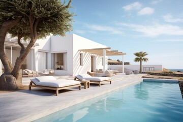 Exterior of modern minimalist white villa with swimming pool